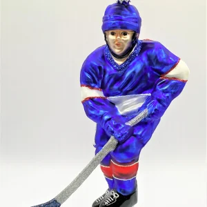 Hanco Schweizer Eishockey Spieler in blauem Trikot mit weissen und roten Streifen