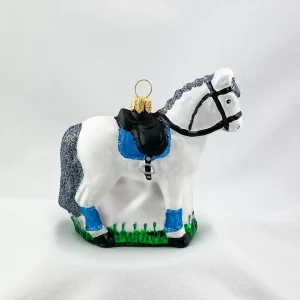 Glaspol Weisses Pferd mit blauer Satteldecke