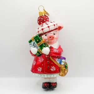 Glassware Schweinchen im Winterkleid bei den Weihnachts-Einkäufen