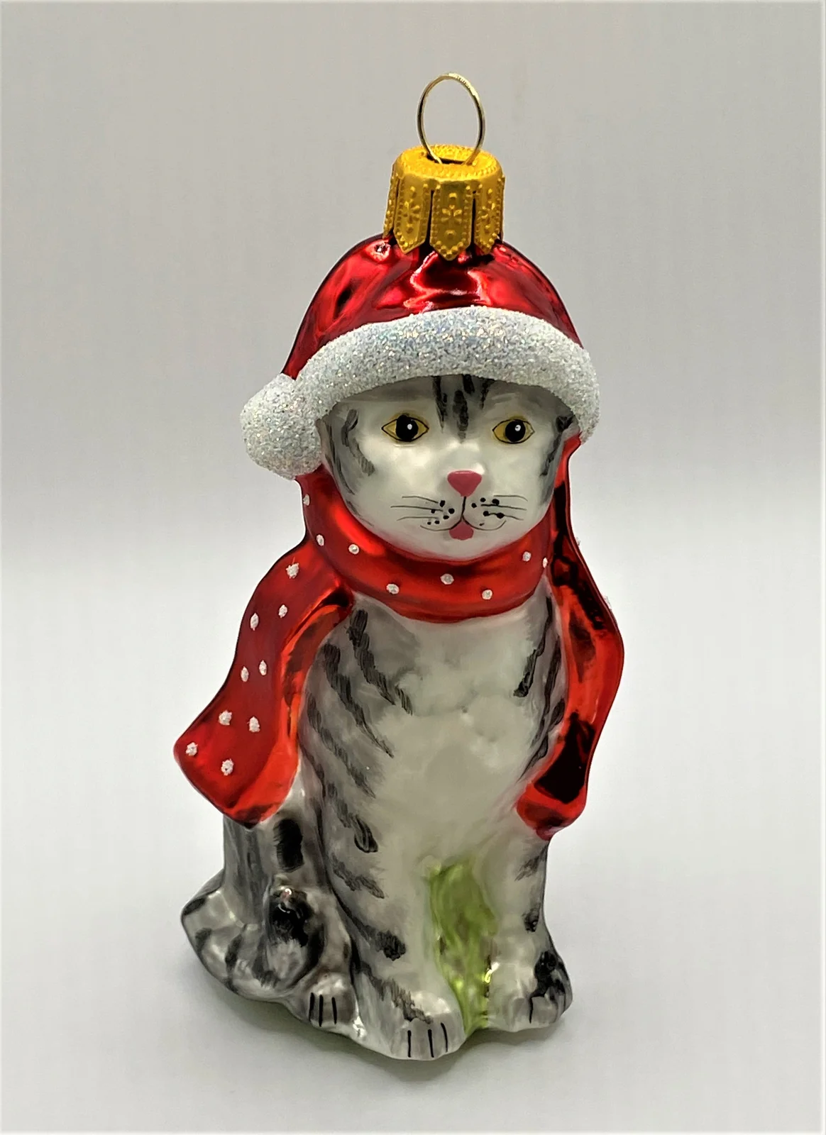 Hanco Graue Tiger-Katze mit rotem Schal und Mütze