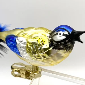 ANVA Zwitschernde Blaumeise auf Clip mit Naturfeder