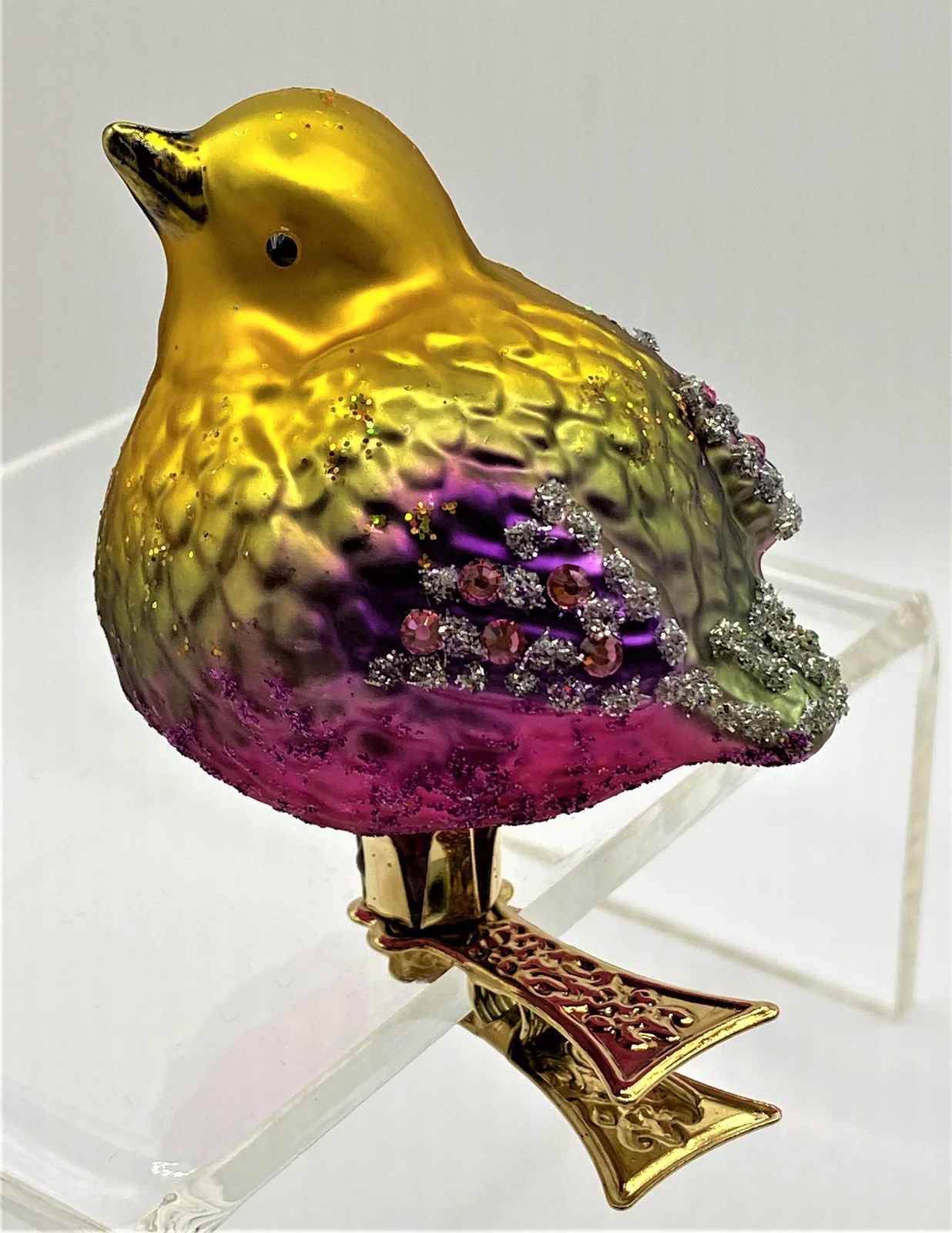 Hanco Vögelchen mit violettem Bauch und Glitzersteinchen auf Clip