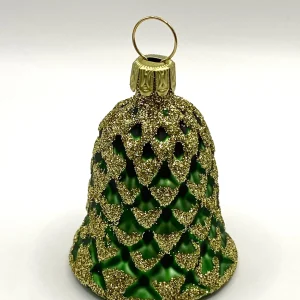 ANVA Grünes Weihnachts-Glöckchen mit Zapfenmuster und Gold-Glimmer