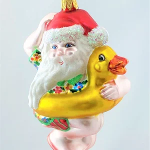 Glaspol Weihnachtsmann geht mit Enten-Schwimmring baden