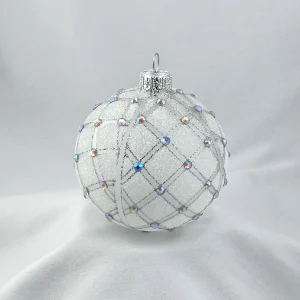 GMC Kugel weiss transparent mit geometrischem Muster und irisierenden Schmucksteinen
