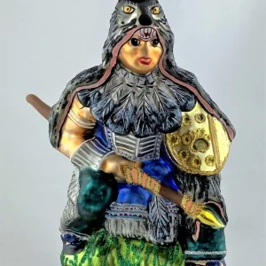 Wiktoria First Nation Krieger im Wolfspelz mit Schild und Speer