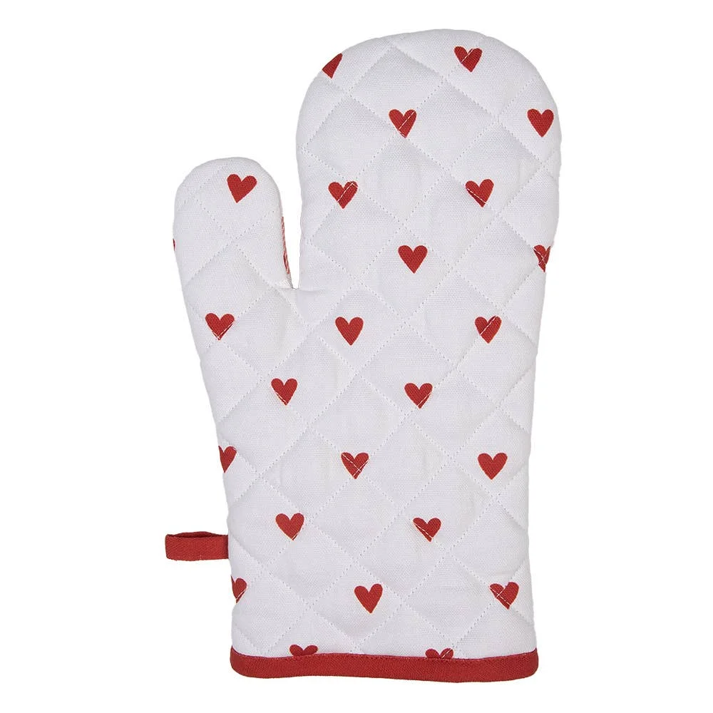 Clayre & Eef Ofenhandschuh 18x30 cm Weiß Rot Baumwolle Herzen