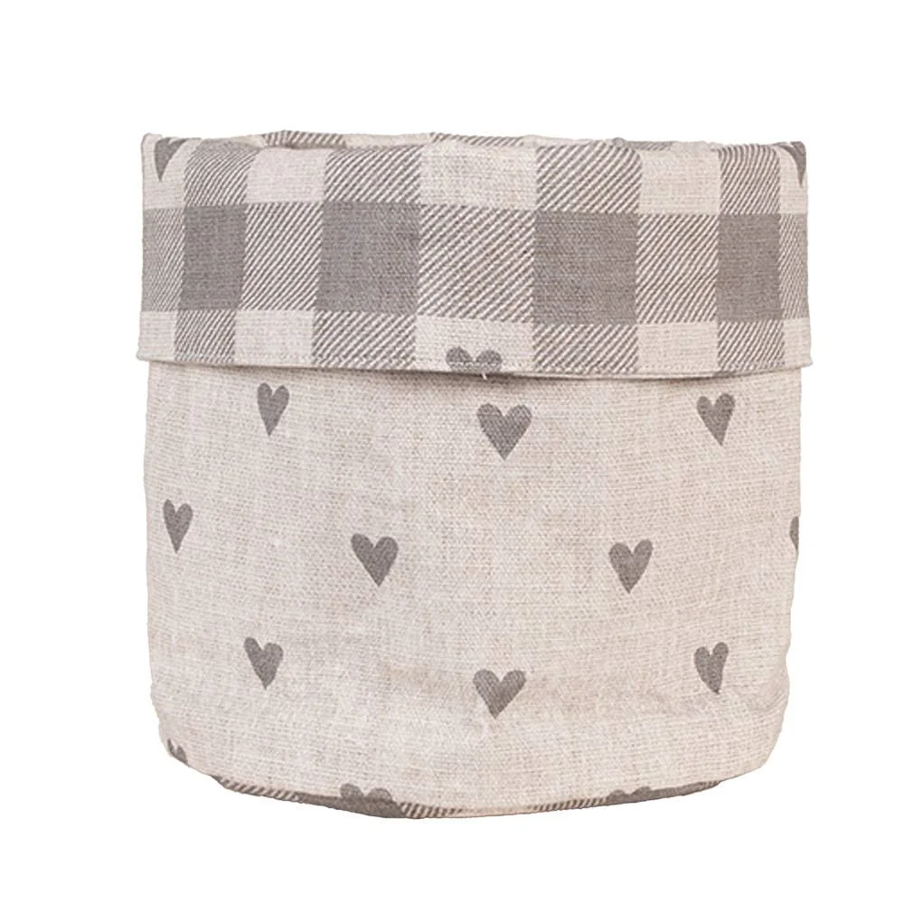 Clayre & Eef Brotkorb aus Baumwolle, Ø 15 x 16 cm, Beige-Grau mit Herzen