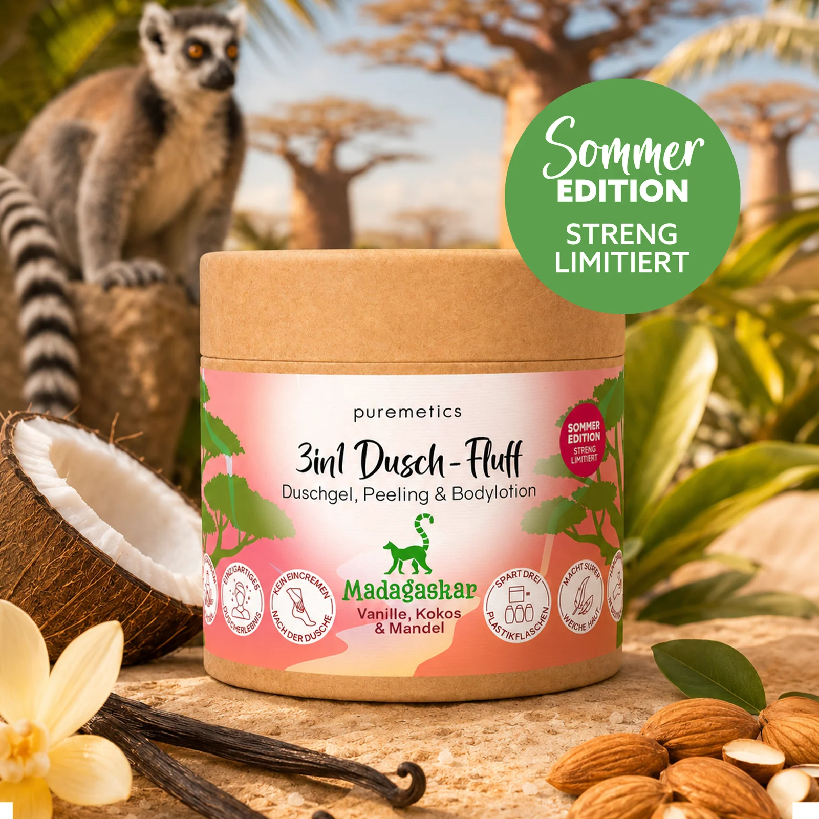 puremetics GmbH 3in1 Dusch-Fluff ‘Madagaskar: Vanille, Kokos & Mandel‘