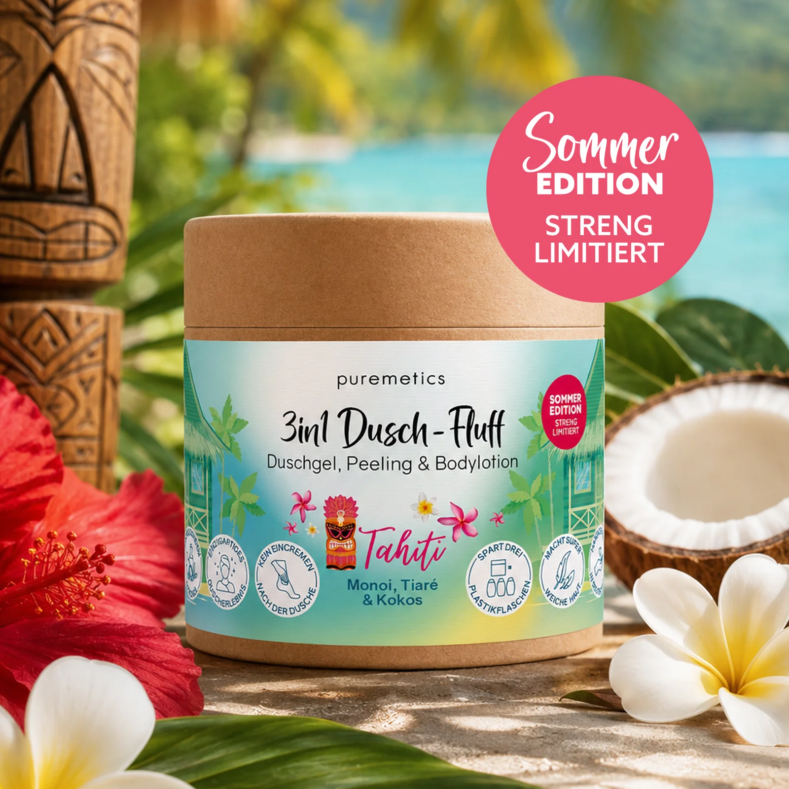 puremetics GmbH 3in1 Dusch-Fluff ‘Tahiti: Monoi, Tiaré & Kokos‘