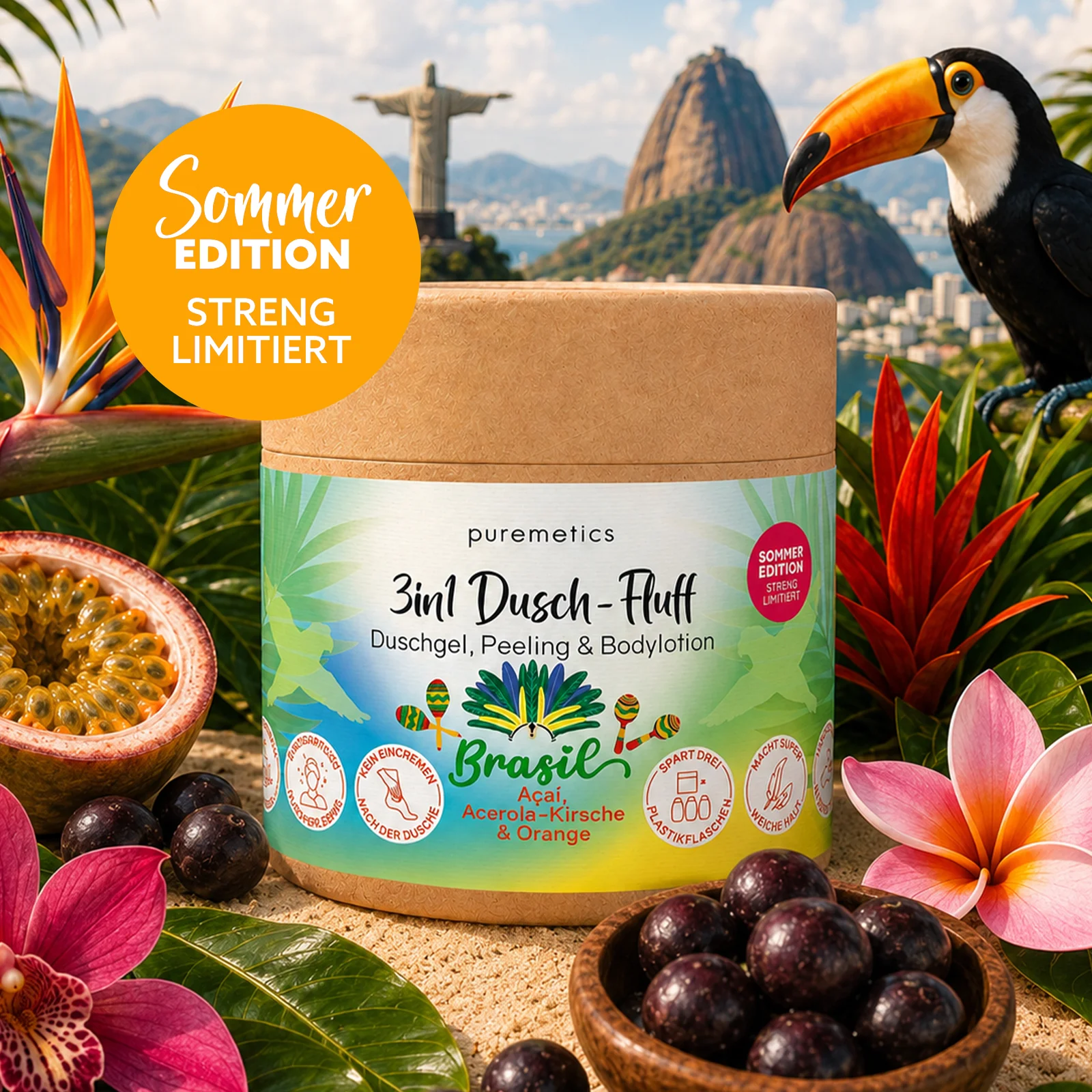 puremetics GmbH 3in1 Dusch-Fluff ‘Brasilien: Açaí, Acerola-Kirsche & Orange‘